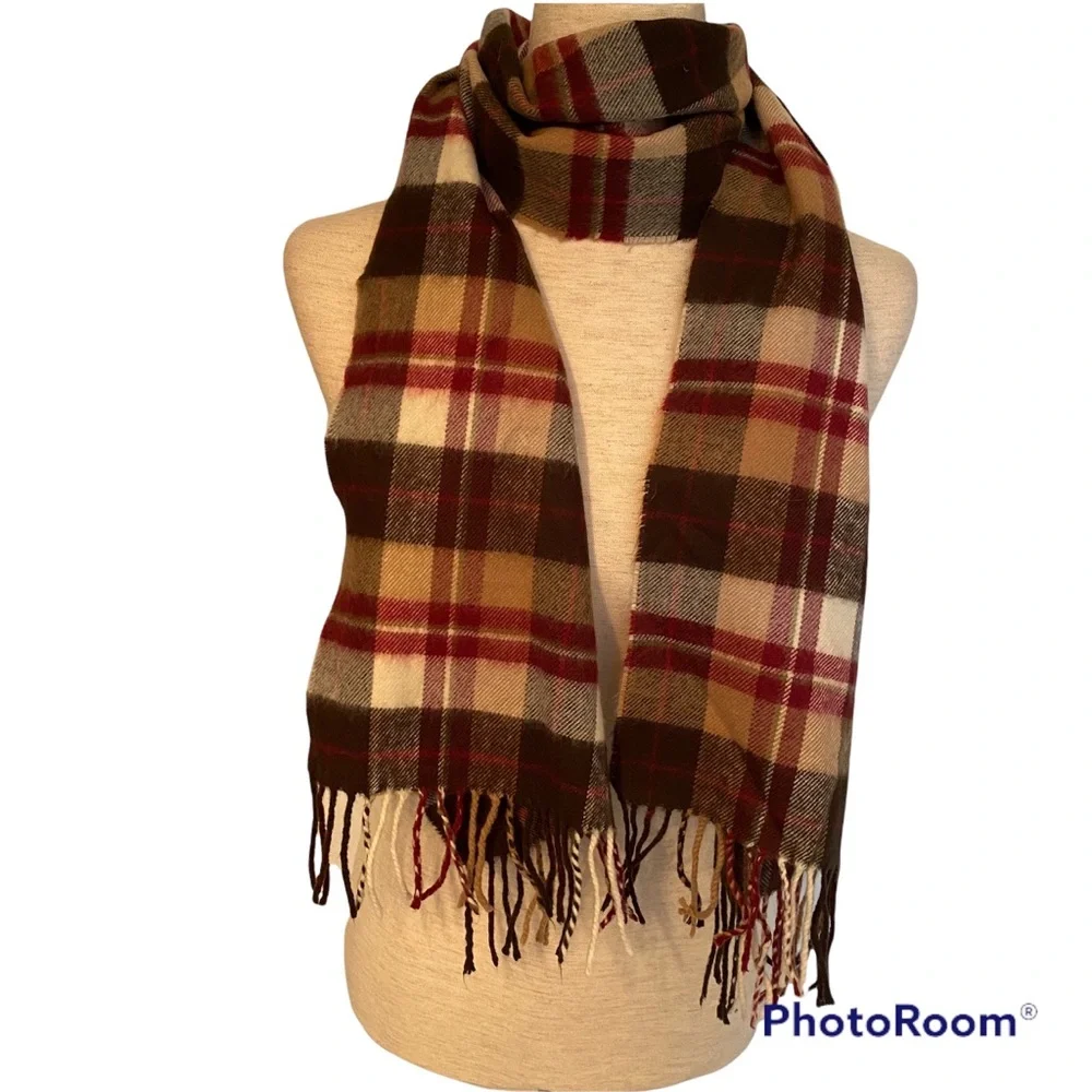 SCARF SCOTLAND CASHMERE BROWN RED TAN CREAM PLAID FRINGE LONG RECTANGLE - Picture 3 of 9
